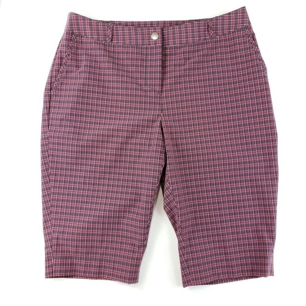 Annika Cutter & Buck Womens Shorts 2 Pink Golf Bermuda Long Stretch Active Plaid